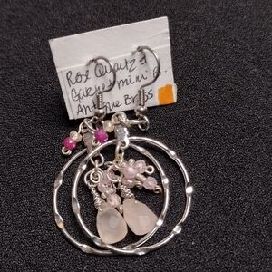 Rose Quartz and Garnet Antique Brass Earrings